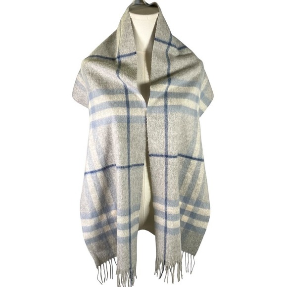 Burberry Scarf 100% Cashmere Made in Scotland Plaid Checkered Grey Blue - Picture 1 of 9